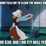 Cinderella Cleaning | MY MUM TELLS ME TO CLEAN THE WHOLE HOUSE; FOR $30, DID I DO IT? HELL YES | image tagged in cinderella cleaning | made w/ Imgflip meme maker