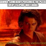 Dawko has upset Filipinos | DAWKO: SOMEBODY POISONED THE PIZZA!
EVERY FILIPINO WATCHING: YOU UNDERESTIMATE MY KNOWLEDGE | image tagged in memes,you underestimate my power,dawko | made w/ Imgflip meme maker