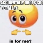 cookie | MY PET ALLAY:; ME: ACCIDENTALLY DROPS COOKIE | image tagged in is for me | made w/ Imgflip meme maker