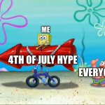 Spongebob, Patrick, and the firework | ME; 4TH OF JULY HYPE; EVERYONE | image tagged in spongebob patrick and the firework,4th of july,memes | made w/ Imgflip meme maker
