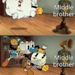 This is so accurate | Parents; Oldest brother; Youngest brother; Youngest brother; Oldest brother; Middle brother; Middle brother; Youngest brother; Oldest brother; Middle brother; Middle brother; Youngest brother; Oldest brother | image tagged in cuphead show no fighting,accurate,brothers,big brother,little brother,cuphead | made w/ Imgflip meme maker