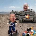 Putin's tank chasing Biden on tricycle