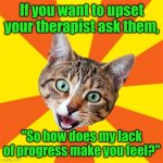 I don't care how you feel. | If you want to upset your therapist ask them, "So how does my lack of progress make you feel?" | image tagged in memes,bad advice cat,funny meme | made w/ Imgflip meme maker