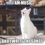 cat singing into a microphone | I AM MUSIC; AND I WRITE THE SONGS | image tagged in cat singing into a microphone | made w/ Imgflip meme maker
