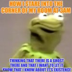 Kermit Weird Face | HOW I STARE INTO THE CORNER OF MY ROOM AT 3AM; THINKING THAT THERE IS A GHOST THERE AND THAT I WANT TO LET IT KNOW THAT I KNOW ABOUT IT’S EXISTENCE | image tagged in kermit weird face | made w/ Imgflip meme maker