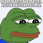 Rip | RIP TECNOBLADE FOREVER IN OUR HEARTS AND PRAYERS. HE IS IN A BETTER PLACE. RIP. | image tagged in sad frog | made w/ Imgflip meme maker