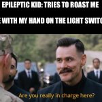 Oh look nows hes breakdancing | EPILEPTIC KID: TRIES TO ROAST ME 



                                       

ME WITH MY HAND ON THE LIGHT SWITCH: | image tagged in are you really in charge here,memes,funny,dark humor | made w/ Imgflip meme maker