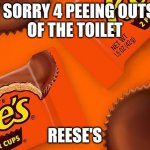 NOT SORRY | NOT SORRY 4 PEEING OUTSIDE
OF THE TOILET; REESE'S | image tagged in reese's cup | made w/ Imgflip meme maker