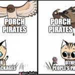 Mark knows how to stop those package thieves! | MARK ROBER'S GLITTERBOMBS; PORCH PIRATES; PORCH PIRATES; OTHER PEOPLE'S PACKAGES; OTHER PEOPLE'S PACKAGES | image tagged in brutus saving pixie from an eagle,mark rober,glitterbomb,porch pirates,pixie and brutus | made w/ Imgflip meme maker