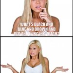 dumb blonde meme template | WHAT'S BLACK AND BLUE AND BROWN AND RED AND LYING IN A DITCH? A BRUNETTE WHO TOLD TO MANY BLONDE JOKES. | image tagged in dumb blonde meme template | made w/ Imgflip meme maker