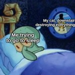 It's so annoying | Me trying to go to sleep My cat, downstairs, destroying everything I own | image tagged in squidward trying to sleep,cats,memes | made w/ Imgflip meme maker