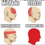 Types of Headaches | STRESS; MIGRAINE; HYPERTENSION; MOONWATCHER | image tagged in types of headaches | made w/ Imgflip meme maker