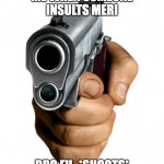 gun | ME WHEN SOMEONE INSULTS MERI; BRO FU- *SHOOTS* | image tagged in insult template | made w/ Imgflip meme maker