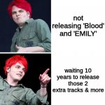 YES | not releasing 'Blood' and 'EMILY'; waiting 10 years to release those 2 extra tracks & more | image tagged in gerard drake hotline bling | made w/ Imgflip meme maker