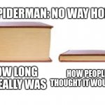 Spiderman | SPIDERMAN: NO WAY HOME; HOW LONG IT REALLY WAS; HOW PEOPLE THOUGHT IT WOULD BE | image tagged in big book and small book | made w/ Imgflip meme maker