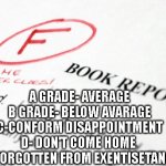 hola | A GRADE- AVERAGE
B GRADE- BELOW AVARAGE
C-CONFORM DISAPPOINTMENT
D- DON'T COME HOME 
 F- FORGOTTEN FROM EXENTISETANCE | image tagged in bad grades | made w/ Imgflip meme maker