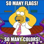 Confused Homer | SO MANY FLAGS! SO MANY COLORS! | image tagged in confused homer | made w/ Imgflip meme maker