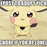 Sad pichu | REPOST TO ADOPT PICHU; IGNORE IF YOU'RE LONELY | image tagged in sad pichu | made w/ Imgflip meme maker