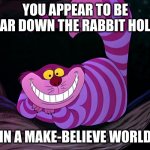 Cheshire Cat | YOU APPEAR TO BE FAR DOWN THE RABBIT HOLE; IN A MAKE-BELIEVE WORLD | image tagged in cheshire cat | made w/ Imgflip meme maker