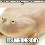 It's Wednesday my dudes | BOSS: THIS IS THE THIRD TIME THIS WEEK YOU ARE LATE. YOU KNOW WHAT HAPPENS NOW?
ME: ITS WEDNESDAY | image tagged in it's wednesday my dudes | made w/ Imgflip meme maker