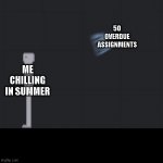 this hasn't happened to me | 50 OVERDUE ASSIGNMENTS; ME CHILLING IN SUMMER | image tagged in people playground moment | made w/ Imgflip meme maker