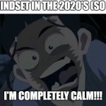 My 2020's mindset | MY MINDSET IN THE 2020'S (SO FAR):; I'M COMPLETELY CALM!!! | image tagged in i'm completely calm,avatar the last airbender | made w/ Imgflip meme maker