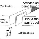 Illusion of free choice | Africans still being hungry; Eating your veggies; Not eating your veggies | image tagged in illusion of free choice,memes,funny,gifs,cow | made w/ Imgflip meme maker