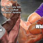 Epic Handshake (four way) | Lumity; The "Rich Girls With
Their Goofball Girlfriends" dynamic; Diakko; WhiteRose; Korrasami | image tagged in epic handshake four way,the legend of korra,the owl house,rwby,little witch academia | made w/ Imgflip meme maker