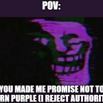 we do a little purpling | POV:; YOU MADE ME PROMISE NOT TO TURN PURPLE (I REJECT AUTHORITY) | image tagged in purple tomfoolery,purple | made w/ Imgflip meme maker