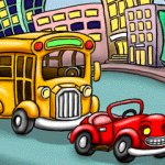 School Bus and Happy Car in the City