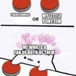 Cat pressing two buttons | TRANSFORMERS; MY LITTLE PONY:FIM; ME WHO IS A FAN OF BOTH OF THEM | image tagged in cat pressing two buttons | made w/ Imgflip meme maker