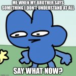 Say What Now? | ME WHEN MY BROTHER SAYS SOMETHING I DON'T UNDERSTAND AT ALL SAY WHAT NOW? | image tagged in bfdi four strange face | made w/ Imgflip meme maker