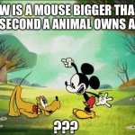 Mickey and Pluto | HOW IS A MOUSE BIGGER THAN A DOG AND SECOND AN ANIMAL OWNS AN ANIMAL; ??? | image tagged in mickey and pluto | made w/ Imgflip meme maker