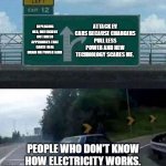 Car turning  | REPLACING OLD, INEFFICIENT OUT DATED APPLIANCES THAT CAUSE REAL DRAIN ON POWER GRID; ATTACK EV CARS BECAUSE CHARGERS PULL LESS POWER AND NEW TECHNOLOGY SCARES ME. PEOPLE WHO DON'T KNOW HOW ELECTRICITY WORKS. | image tagged in car turning | made w/ Imgflip meme maker