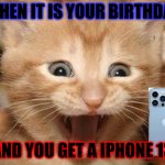 Iphone 13 for your birthday | WHEN IT IS YOUR BIRTHDAY AND YOU GET A IPHONE 13 | image tagged in memes,excited cat | made w/ Imgflip meme maker