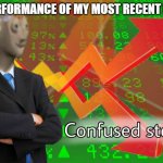 Some have done well, other fell flat on they're face. | THE PERFORMANCE OF MY MOST RECENT MEMES: | image tagged in confused stonks,stonks,funny,memes,upvote,no upvotes | made w/ Imgflip meme maker