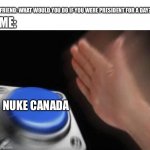 Hehe Boi | FRIEND: WHAT WOULD YOU DO IF YOU WERE PRESIDENT FOR A DAY? ME:; NUKE CANADA | image tagged in nut button crystalbot | made w/ Imgflip meme maker