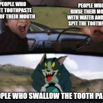 First poste in a while | PEOPLE WHO SPIT TOOTHPASTE OUT OF THEIR MOUTH; PEOPLE WHO RINSE THEIR MOUTH WITH WATER AND THEN SPIT THE TOOTHPASTE; PEOPLE WHO SWALLOW THE TOOTH PASTE | image tagged in harry potter tom train,memes,meme,funny,toothpaste | made w/ Imgflip meme maker