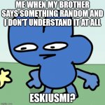 BFDI Four Strange Face | ME WHEN MY BROTHER SAYS SOMETHING RANDOM AND I DON'T UNDERSTAND IT AT ALL ESKIUSMI? | image tagged in bfdi four strange face | made w/ Imgflip meme maker