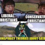 He is closing in | LIBERAL CHRISTIANS; CONSERVATIVE CHRISTIANS; CONSPIRACY THEORIES ABOUT SATAN | image tagged in harry potter tom train,dank,christian,memes,r/dankchristianmemes | made w/ Imgflip meme maker