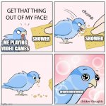 Every time | SHOWER; SHOWER; ME PLAYING VIDEO GAMES; WOWWOWWOOWW | image tagged in bird cracker | made w/ Imgflip meme maker