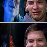 The scene that kinda made up for max. | MAX DIES; "ANNOYING GREEN GUY" DIES | image tagged in peter parker crying/happy,stranger things,spoiler alert,max,annoying green guy,stranger things s4 v2 | made w/ Imgflip meme maker