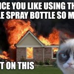 Cat, funny cat, fire, revengr | SINCE YOU LIKE USING THAT LITTLE SPRAY BOTTLE SO MUCH. USE IT ON THIS | image tagged in memes,burn kitty,grumpy cat | made w/ Imgflip meme maker
