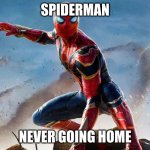 never going home | SPIDERMAN; NEVER GOING HOME | image tagged in never going home,funny,spiderman | made w/ Imgflip meme maker