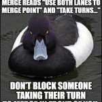 hi res angry advice mallard | IF THE SIGN APPROACHING A MERGE READS "USE BOTH LANES TO MERGE POINT" AND "TAKE TURNS..."; DON'T BLOCK SOMEONE TAKING THEIR TURN TO MERGE IN FRONT OF YOU. | image tagged in hi res angry advice mallard | made w/ Imgflip meme maker