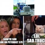 Emotional trucks | BOWTIE SUN VISOR ON PETERBILT 379; LOL SAD TRUCK | image tagged in lady screams at cat | made w/ Imgflip meme maker