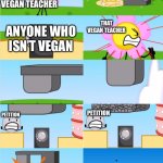 Hopefully this happens to her YouTube channel too | PEOPLE ON TIKTOK; THAT VEGAN TEACHER; THAT VEGAN TEACHER; ANYONE WHO ISN’T VEGAN; PETITION; PETITION; BANNED | image tagged in bfdi flower s announcer crusher | made w/ Imgflip meme maker