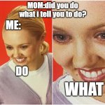 EVERYTIME | MOM:did you do what i tell you to do? ME:; DO; WHAT | image tagged in the what blank | made w/ Imgflip meme maker
