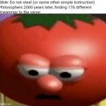 title. | Bible: Do not steal (or some other simple instruction)
Philosophers 2000 years later, finding 176 different
 meanings to the verse: | image tagged in sad tomato | made w/ Imgflip meme maker