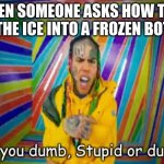 Are you dumb stupid or dumb? | WHEN SOMEONE ASKS HOW THEY FIT THE ICE INTO A FROZEN BOTTLE | image tagged in are you dumb stupid or dumb | made w/ Imgflip meme maker